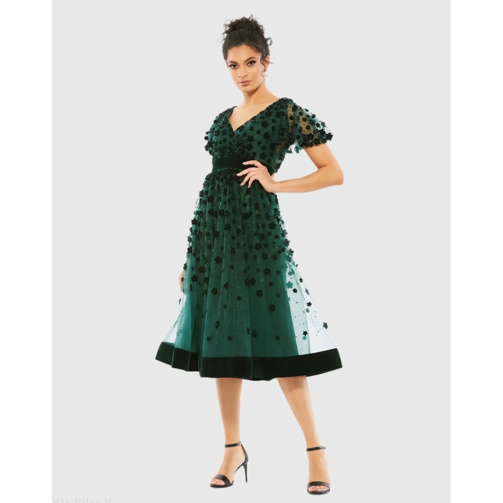 Mac Duggal 67854 Emerald Green 3d Floral Beaded Velvet Trim Midi Dress Size 6